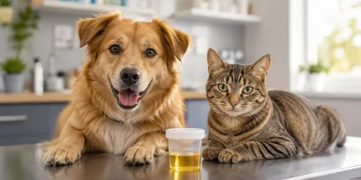 Veterinary urine sample beside a dog and a cat