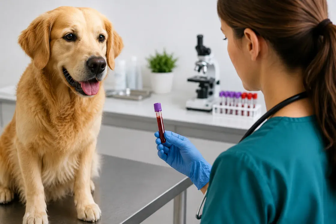 Veterinarian reviewing a dog's blood test results