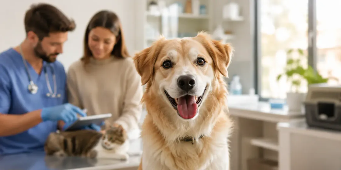 Veterinarian reviewing diagnostic test results for a pet with its family