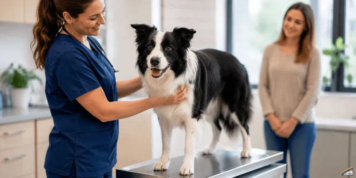 Dog walking with its owner outdoors as part of a healthy daily routine