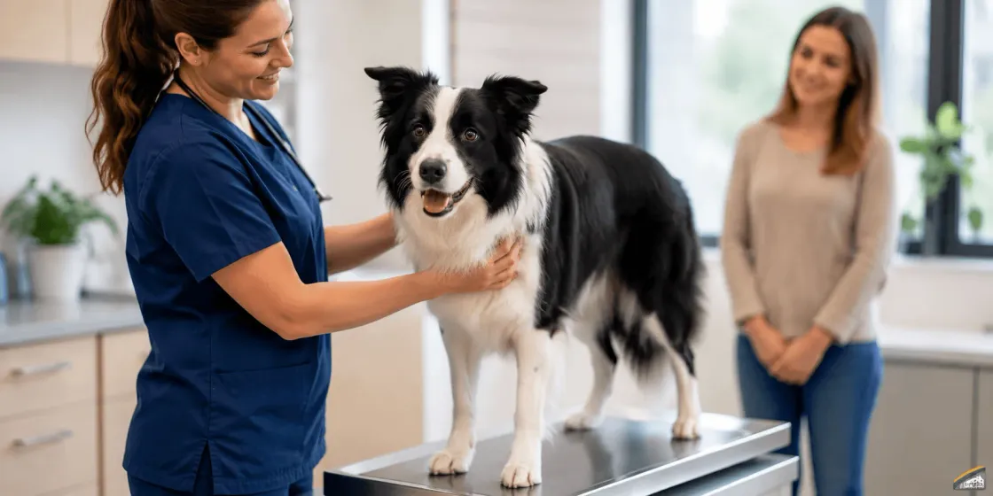 Dog walking with its owner outdoors as part of a healthy daily routine