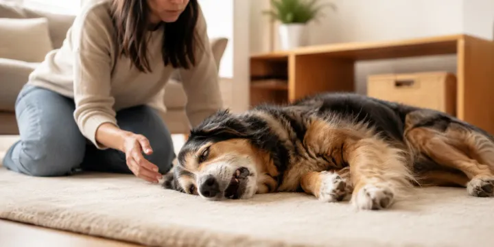 Person protecting a dog during a veterinary emergency