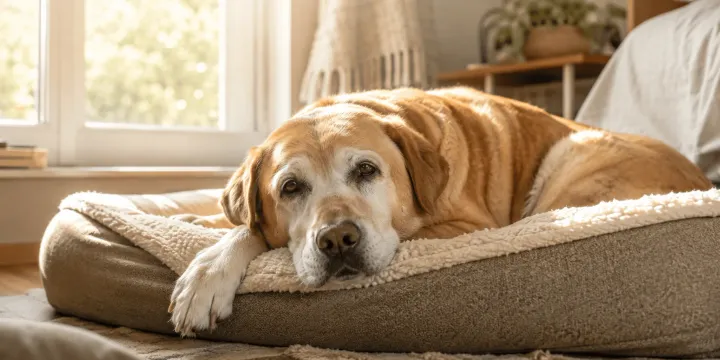 Older dog resting comfortably while owner uses the Dogtorcito app