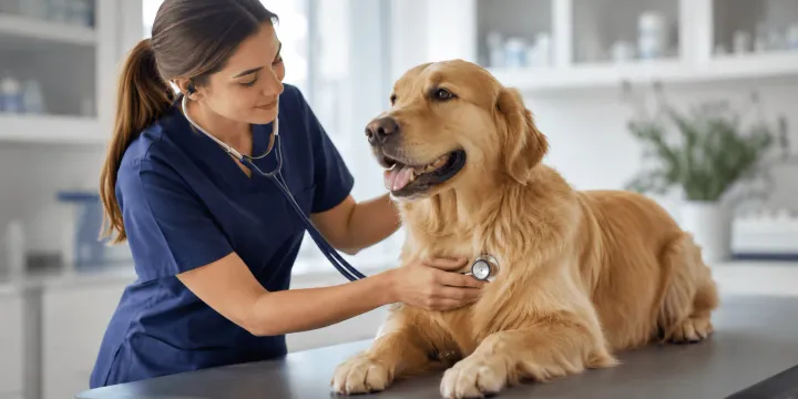 Vet examining a dog while owner checks the Dogtorcito app