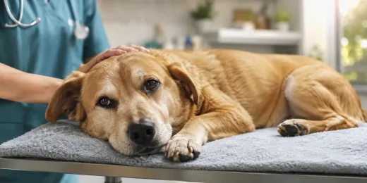 Calm dog resting after a neurological checkup