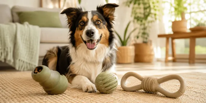 Illustration of dogs and toys warning about toxic toys and safer alternatives