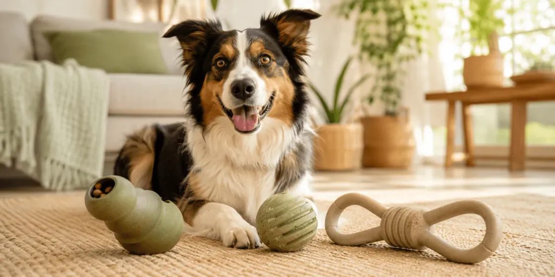 Illustration of dogs and toys warning about toxic toys and safer alternatives