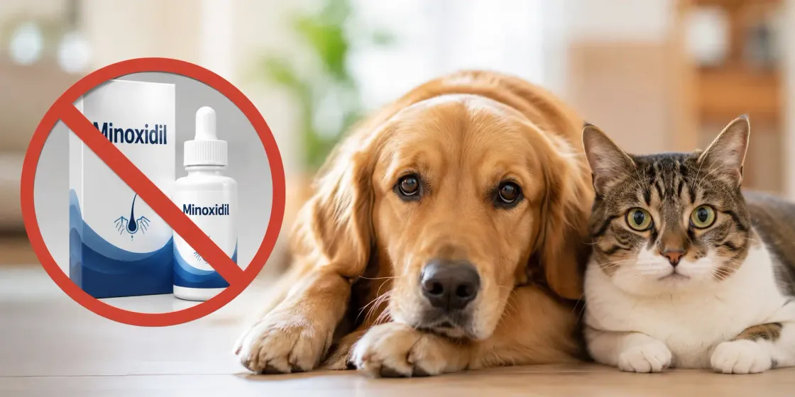 Cat and dog sitting safely away from a bathroom shelf with a hair-loss treatment bottle