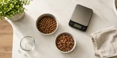 Dog food bowl next to a scale and a happy dog