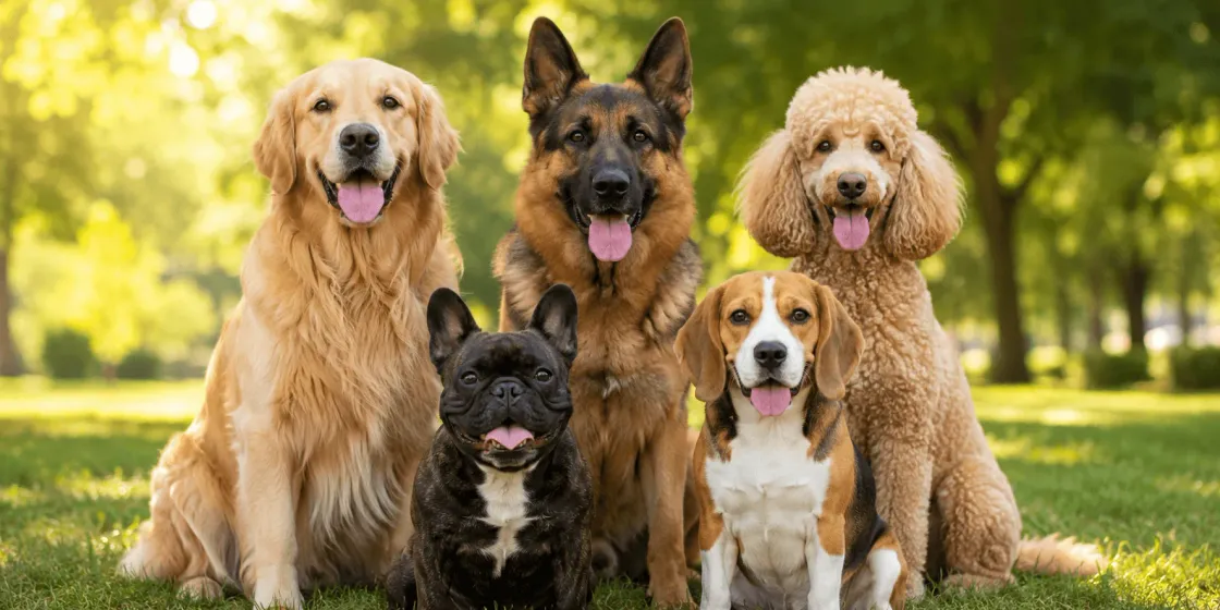 Collage of different dog breeds alongside the Dogtorcito logo