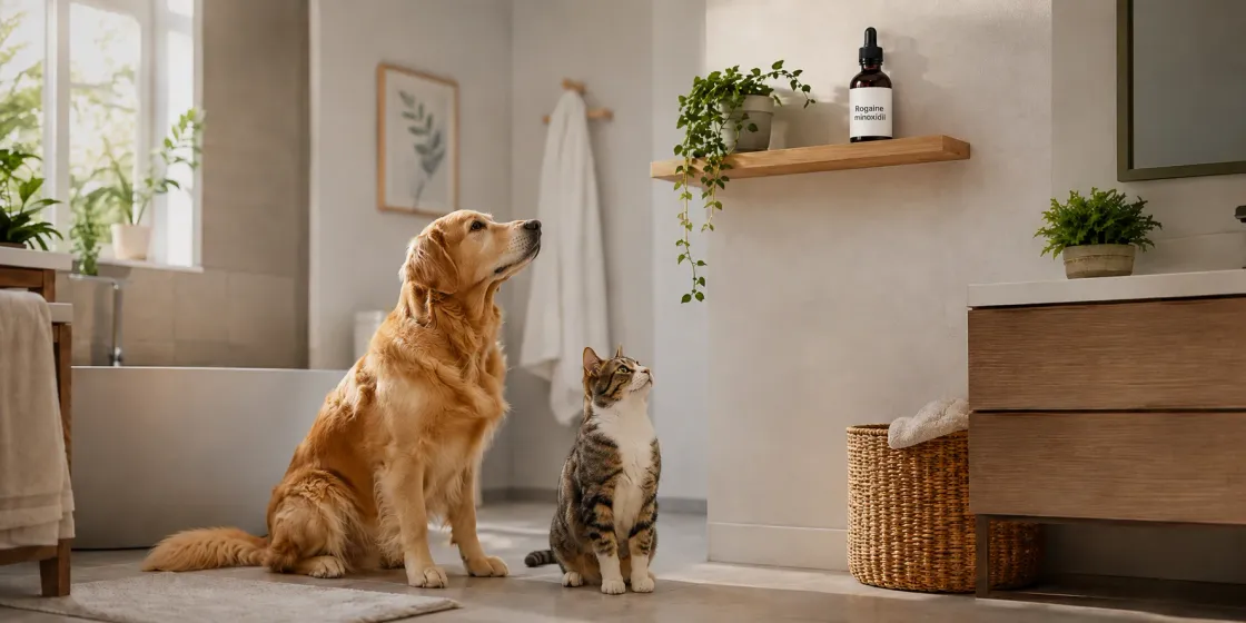 Cat and dog sitting safely away from a bathroom shelf with a hair-loss treatment bottle