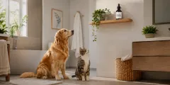 Cat and dog sitting safely away from a bathroom shelf with a hair-loss treatment bottle