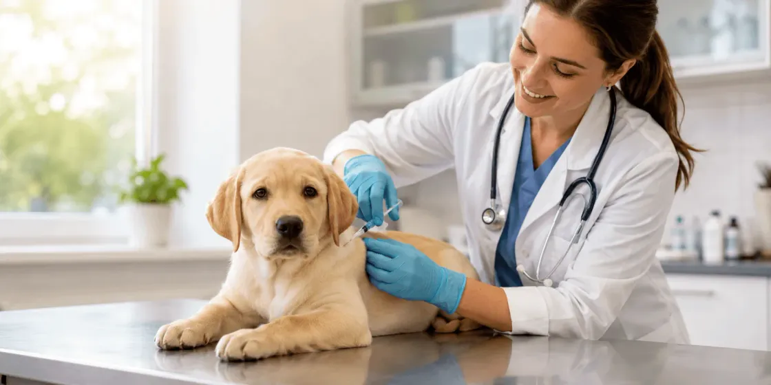 Vet vaccinating a dog while the owner checks the Dogtorcito app