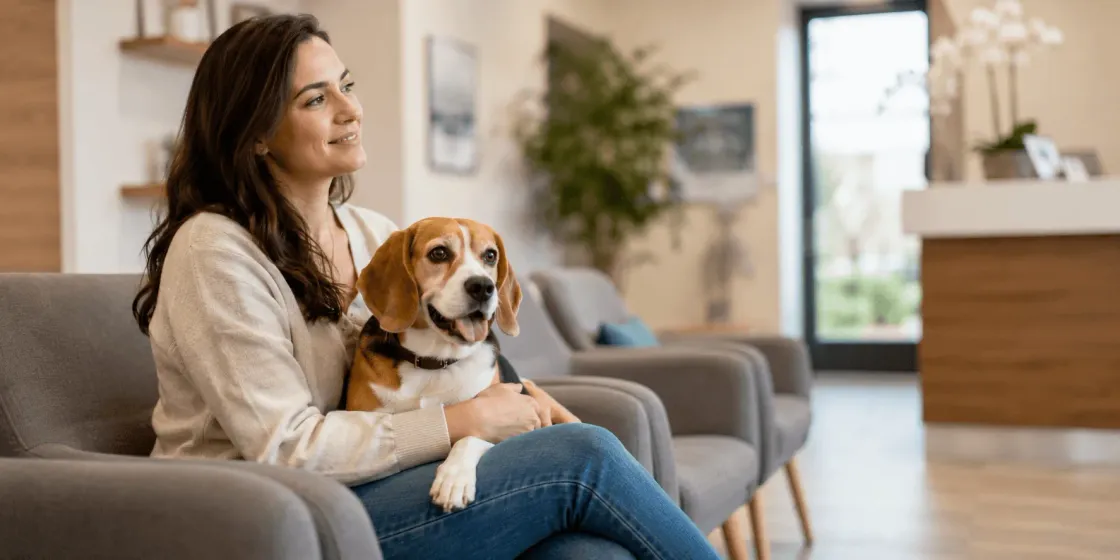 Pet owner reviewing notes and documents before a vet visit with their dog