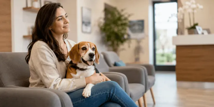 Pet owner reviewing notes and documents before a vet visit with their dog